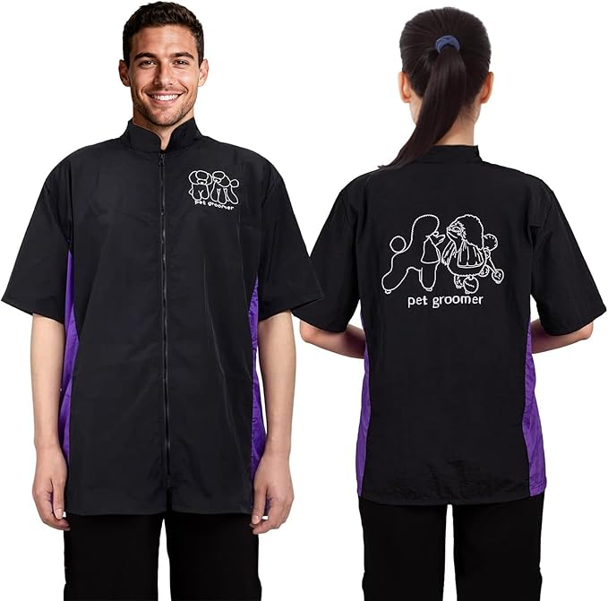Noverlife Short Sleeves Pet Grooming Workwear With Full Zipper, XL Size, Anti-Static Beautician Smock, Lightweight Groomer Cosmetologist Uniforms Style Dog Cat Jacket for Men Women