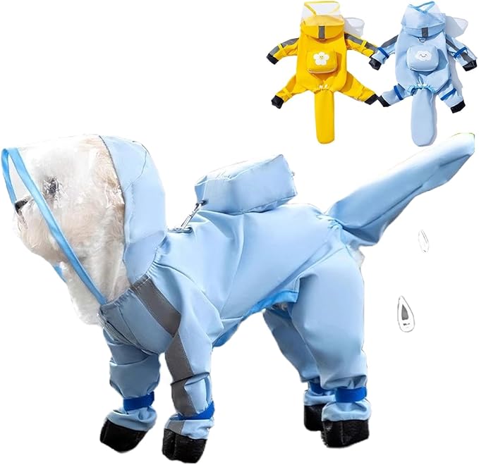 Small Dog Raincoat with Legs, Ideal for Teddy Bears, Waterproof Full Coverage with Mini Backpack, Reflective Hoodie and Detachable Tail (Blue, X-Large(Suggest Weight 13.2-16.6lb))
