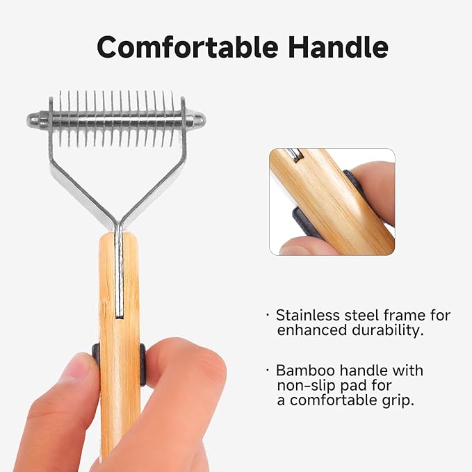 Bamboo Undercoat Rake & Deshedding Comb Set - 4 Piece Pet Grooming Kit with Detangling Brush for Matted Fur Removal, Gentle Massage and Deep Cleaning for Dogs and Cats