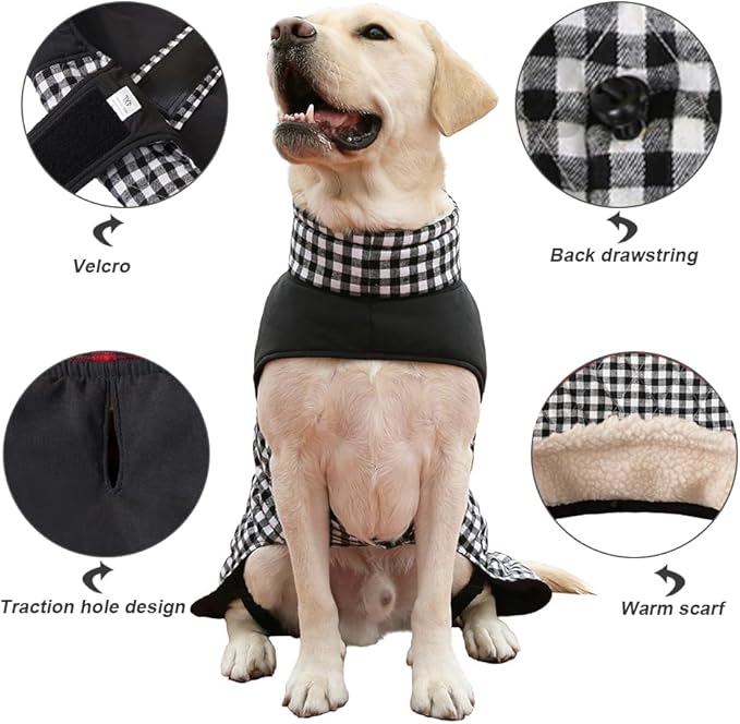 Dog Jackets for Winter, Reversible Dog Coat Windproof Waterproof Jackets for Cold Weather, British Style Plaid Coats Warm Vest for Small Medium Large Dogs (Black, 6XL)