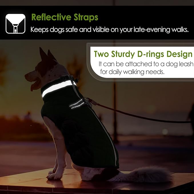AOFITEE Dog Coat, Warm Dog Winter Coat for Small Dogs, Reflective Turtleneck Dogs Jacket with Harness Built in, Waterproof Windproof Pet Fleece Vest Snow Jacket for Cold Weather, Green S