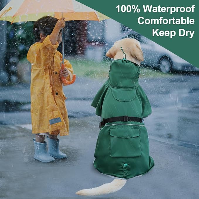 Reflective Dog Raincoat Waterproof Adjustable Dog Hooded Poncho Raincoat for Medium Large Dogs, Lightweight Pet Rain Jacket (Green, 2XL)