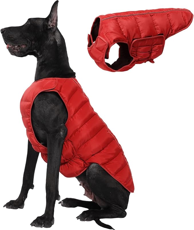 Kuoser Dog Puffer Jacket Warm Dog Coat for Extra Large Dogs, Windproof Reflective Pet Padded Vest Cold Weather Clothes Puppy Snowsuit with Hook & Loop Coats, Easy On/Off, Red 3XL