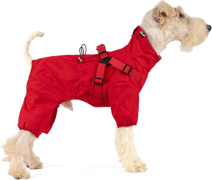 Mile High Life Waterproof Dog Raincoat, Full Coverage Small Dog Rain Coat with Harness, Adjustable 4 Legs Puppy Rain Jacket with Reflective Strip and Elastic Cuffs (Red, S Back Length 13")