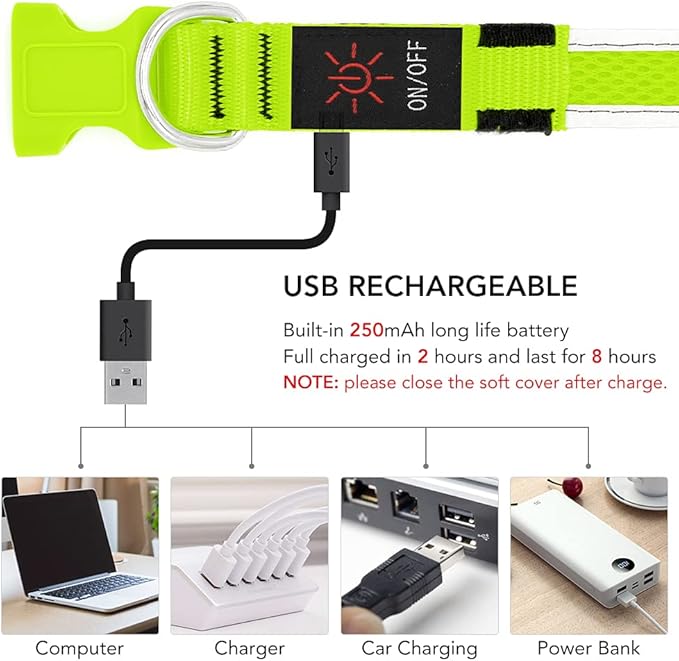 YFbrite Light up Dog Collar, USB Rechargeable LED Puppy Collar Super Bright Adjustable Glowing Dog Lights for Night Walking (Green, Medium)