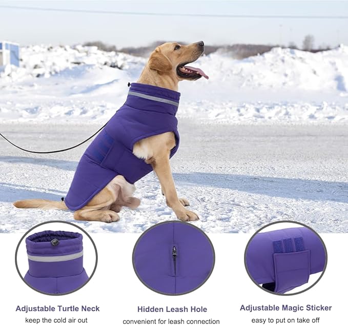 Dog Coat, Waterproof Winter Jacket, Warm Windproof Jacket, Reflective Adjustable Turtleneck Coats for Medium Dogs with Hook & Loop - Purple - M