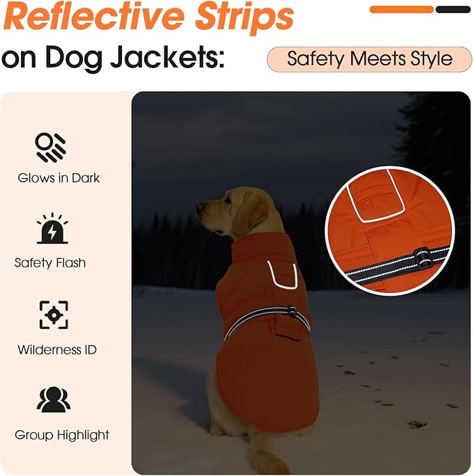 XXL Dog Coat, Warm Dog Winter Jacket, Waterproof Dogs Snowsuit With Foldable High Collar, Reflective Strips, Leash Hole, And Adjustable Hook & Loop Closure - Ideal For Cold Weather - Orange XXL