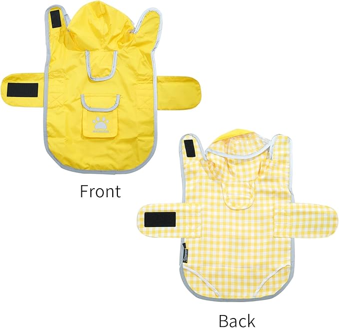 MAMORE Dog Raincoat Reversible,Waterproof Dog Rain Coat Hooded Slicker Poncho with Reflective Strip, Plaid Double Layer Rain Jacket for Small Medium Large Dogs (Yellow, Small)