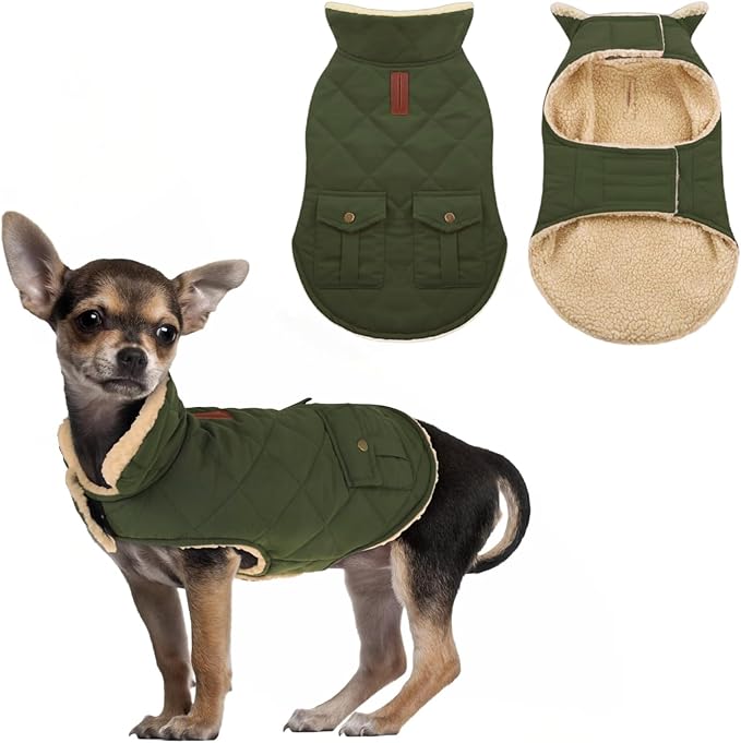 ASENKU Warm Dog Winter Coat, Waterproof Dog Coat for Cold Weather, Fleece Dogs Jacket with Ultra Thick Plush Lining Leash Hole Storage Pockets for Small Dogs (Green, Small)