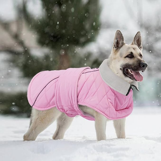 Kuoser Dog Coat, Extra Warm Dog Jacket Windproof Dogs Cold Weather Coats for Large Dogs, Fleece Lining Turtleneck Puppy Snowsuit Reflective Adjustable Pet Winter Clothes Christmas, Pink L