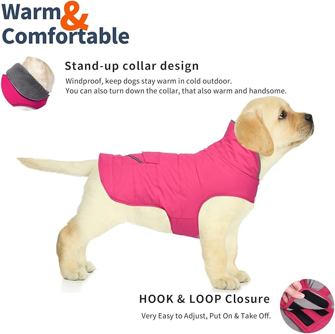 Dog Coat, Waterproof Dog Winter Jacket with Pocket, Reflective Adjustable Pet Snow Vest, Warm Cozy Fleece Sweater for Small Medium Extra Large Dogs - Pink, 2XL