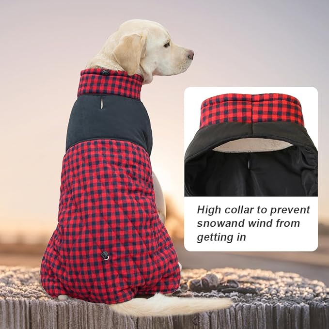 Dog Jackets for Winter, Reversible Dog Coat Windproof Waterproof Jackets for Cold Weather, British Style Plaid Coats Warm Vest for Small Medium Large Dogs (RED, 4XL)