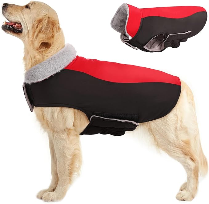 Warm Dog Coat,Waterproof Jacket in Winter Adjustable and Reversible Doggy Fleece Outfit,Thick Clothes with Foldable Collar for Puppy in Cold Days,3XL Red