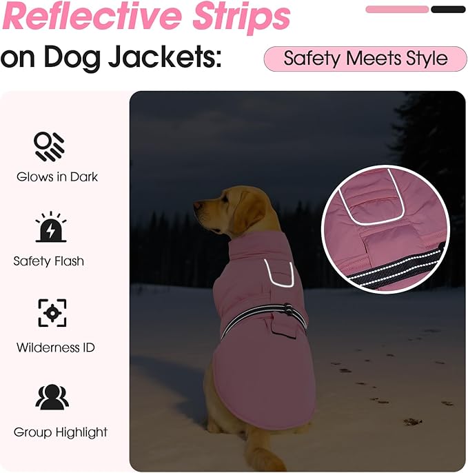Extra Large Dog Coat, Warm Dog Winter Jacket, Waterproof Dogs Snowsuit with Foldable High Collar, Reflective Strips, Adjustable Hook & Loop Closure - Ideal for Cold Weather - Pink 5XL