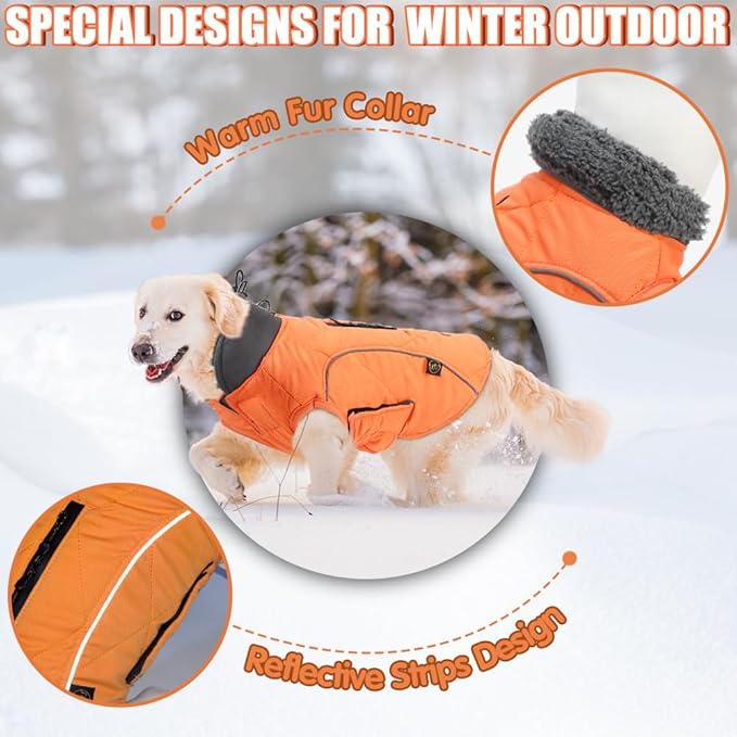 EMUST Winter Dog Coat for Medium Boys - Thick Clothes with Harness Hole for Cold Weather, Orange, M