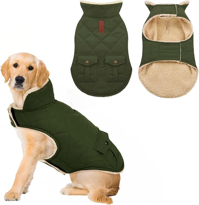 ASENKU Warm Dog Winter Coat, Waterproof Dog Coat for Cold Weather, Fleece Dogs Jacket with Ultra Thick Plush Lining Leash Hole Storage Pockets for Medium Large Dogs (Green, Large)