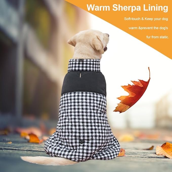Dog Jackets for Winter, Reversible Dog Coat Windproof Waterproof Jackets for Cold Weather, British Style Plaid Coats Warm Vest for Small Medium Large Dogs (Black, 5XL)