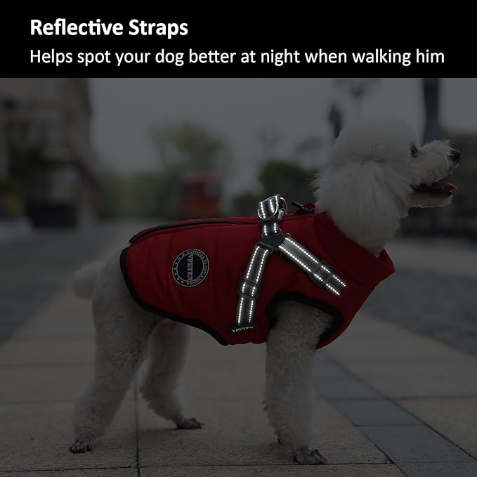Dog Winter Coat, Warm Padded Fleece Vest with Built-in Harness, Waterproof Windproof Reflective Cozy Snow Pet Coat Clothes for Small Medium Dogs
