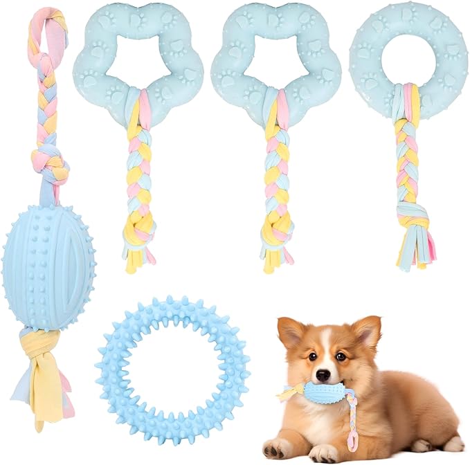 5 Pack Dog Chew Toys for Puppy Cute Blue Dog Toys Puppy Dog Toys for Teething Soft Durable Interactive Chew Toy for Small Dogs Light Blue