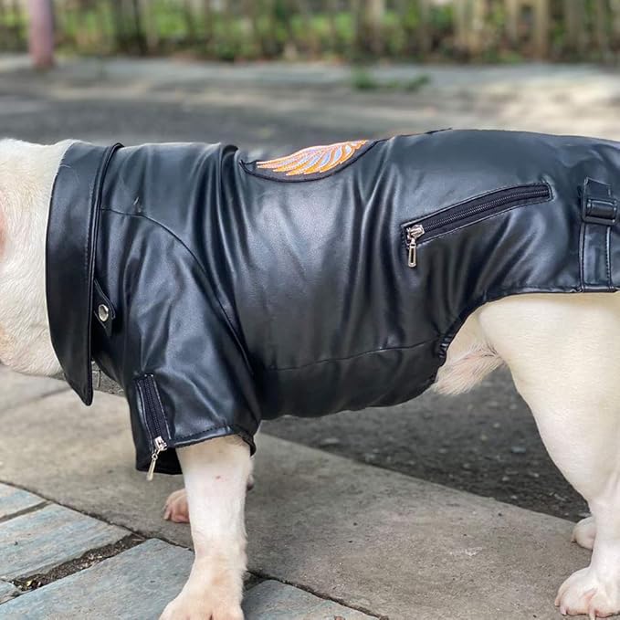 Lovelonglong Cool Dog Leather Jacket, Warm Coats Dogs Windproof Cold Weather Coats for Large Medium Small Dogs with Eagle Embroidery Black B-L