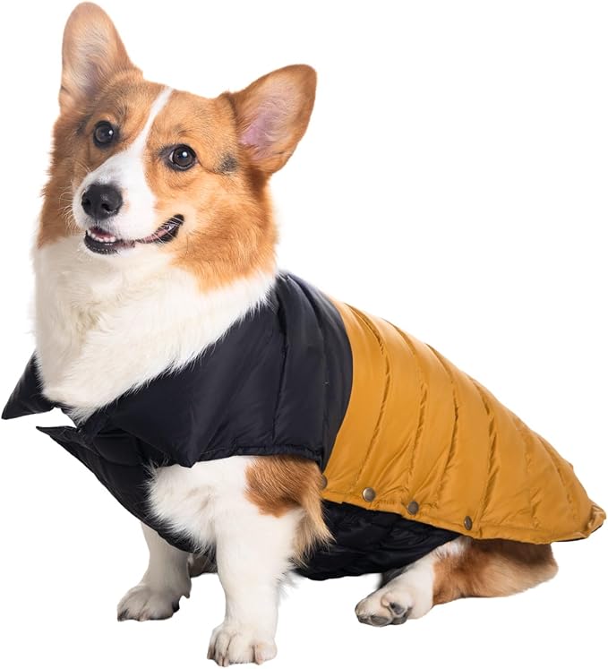 SPACE LION Dog Puffer Jacket, Down Winter Coat, Durable Outdoor Coat for Cold and Windy Conditions, Waterproof, Lightweight Jacket, Adjustable Fit for Small, Medium, Large Dogs(BlackKhaki,20/XL)