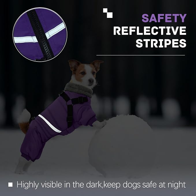 BRKURLEG Purple Dog Coat with Harness, Dog Winter Jacket, Dogs Onesie Body Warm Jackets, Small Dogs Winter Coats Reflective Windproof Warm Cold Weather Coats, Pet Waterproof Jackets, M