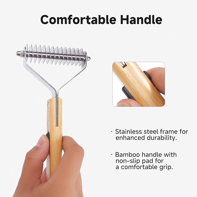 Bamboo Undercoat Rake & Deshedding Comb Set - 4 Piece Pet Grooming Kit with Detangling Brush for Matted Fur Removal, Gentle Massage and Deep Cleaning for Dogs and Cats