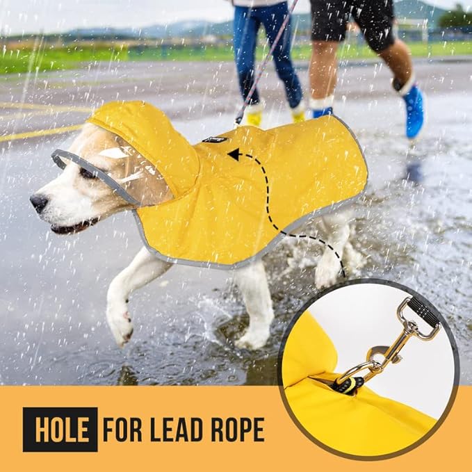 SlowTon Dog Raincoat, Adjustable Dog Rain Jacket Clear Hooded Double Layer, Waterproof Poncho with Reflective Strip Straps and Storage Pocket for Small Medium Large Dog (Yellow L)