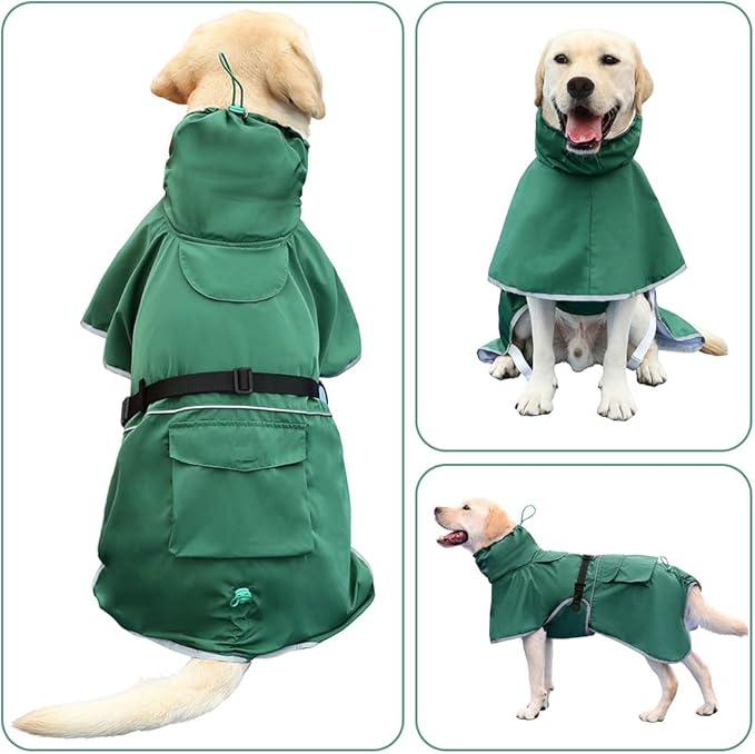 Reflective Dog Raincoat Waterproof Adjustable Dog Hooded Poncho Raincoat for Medium Large Dogs, Lightweight Pet Rain Jacket (Green, 2XL)