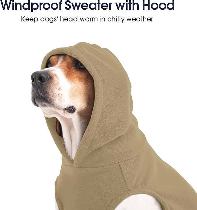 IECOii Dog Hoodie for Medium Dogs, Warm Fleece Dog Hoodies Sweater with Leash Hole and Pocket, Cozy Dogs Cold Weather Coat for Fall Winter Hooded Sweatshirt Vest for French Bulldog, Khaki, L
