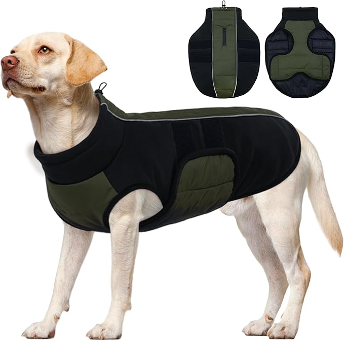 Kuoser Dog Jacket, Winter Dog Coats for Medium Dogs, Reflective Doggie Cold Weather Coats Pet Clothes, Puppy Snow Jacket for Frech Bulldog, Boston Terrier, Green L