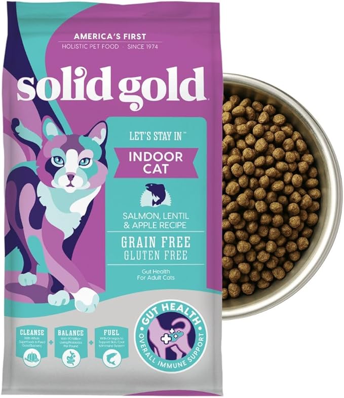 Solid Gold Indoor Dry Cat Food - Grain Free & Gluten Free - Salmon Cat Food Dry Kibble for Indoor Cats w/Probiotics & Fiber for Gut Health - Sensitive Stomach & Hairball Support for Adult Cats - 3LB