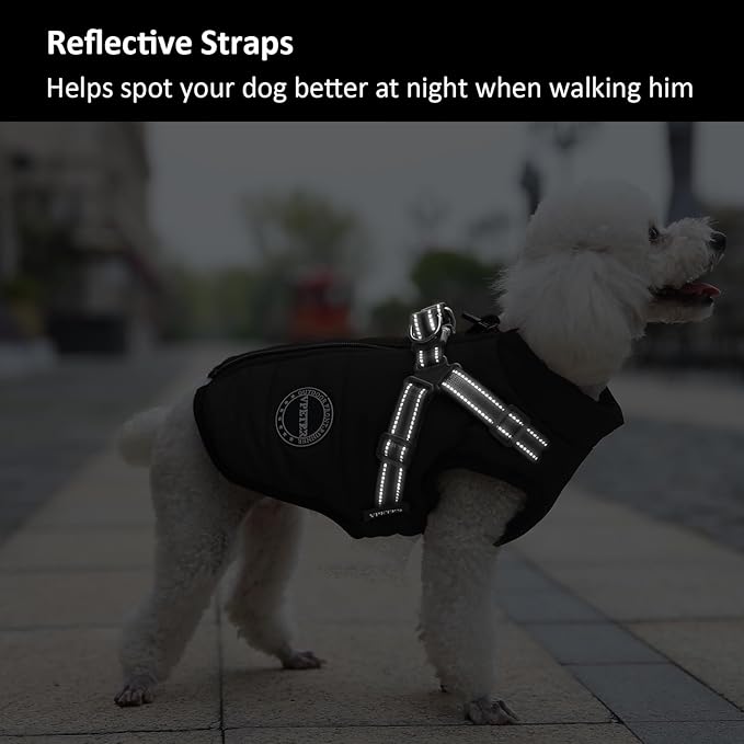 Dog Winter Coat,Warm Jacket Paded Fleece Pet Vest with Built in Harness, Windproof Reflective Cozy Adjustable Snow Pet Coat Clothes with Zipper for Small Medium Large Dogs