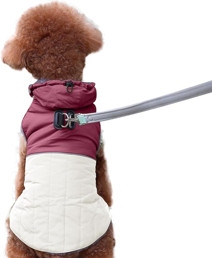 Detachable Hooded Dog Coat with Harness for Small Dogs,Super Warm Fleece Puppy Jacket for Cold Winter Doggie Coats,Red XS