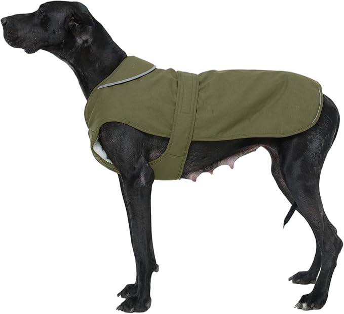 Kuoser Canvas Dog Coat, Warm Dog Jacket Reflective Fleece Pet Cold Weather Coat, Warm Doggie Clothes Waterproof Winter Vest with Zipper Leash Hole for Small Medium Large Dogs, Army Green 3XL