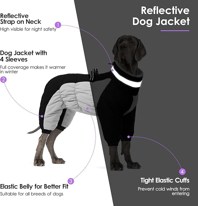 SUNFURA Full Body Dog Coat - Warm Fleece Jacket for Medium Dogs, Turtleneck Winter Coats with Harness, Reflective Dog Snowsuit Windproof Puffer Jackets with Legs for Boston Terrier, Black M