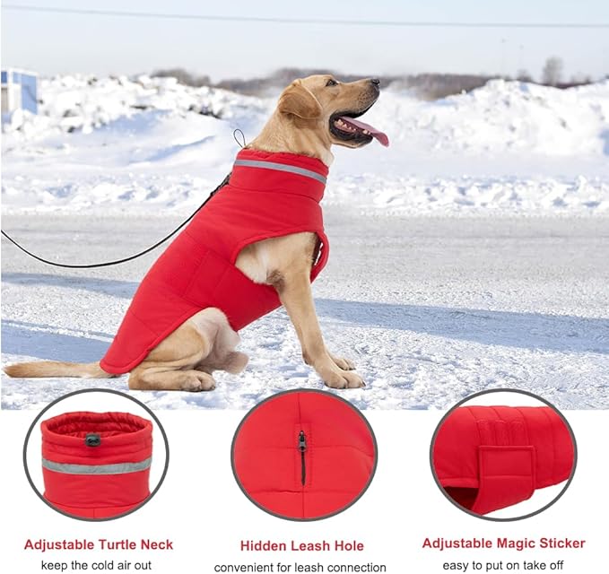 Dog Coat, Waterproof Winter Jacket, Warm Windproof Jacket, Reflective Adjustable Turtleneck Coats for Small Dogs with Hook & Loop - Red - S