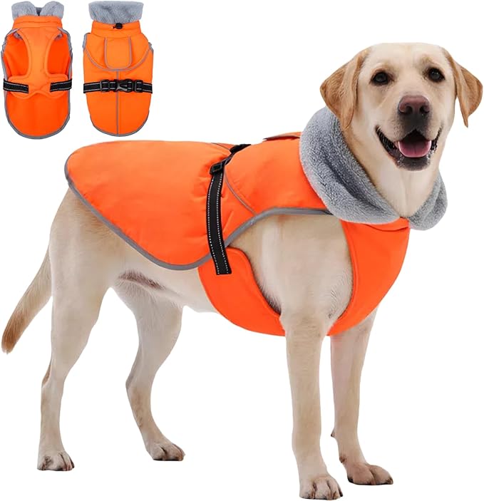 Insulated Relaxed Fit Dog Winter Coat with Full-Body Reflective Strip, Hard Shell Pet Jacket for Outdoor, Waterproof Coats for Large Dogs, Soft Fur Collar Jacket for Labrador Male Female(Orange, 2XL)