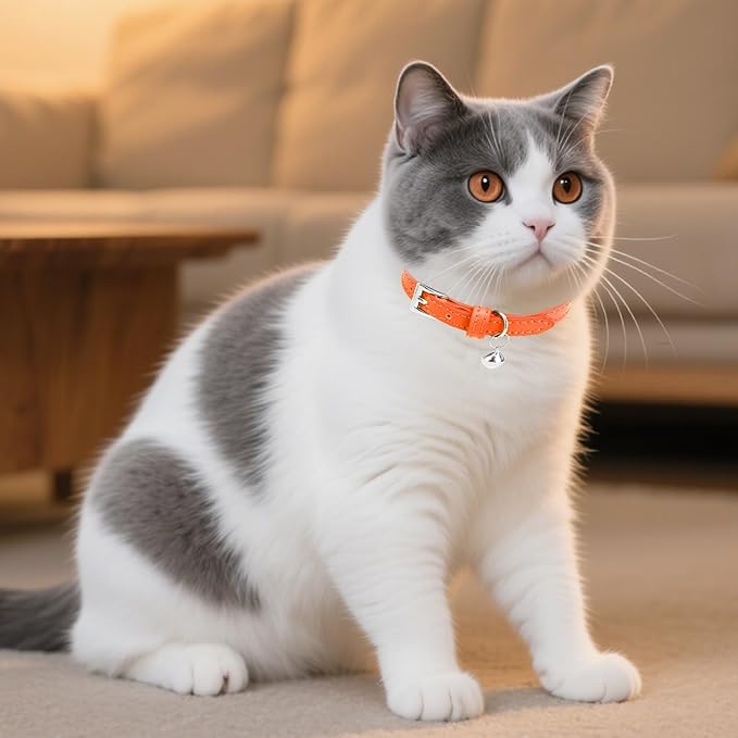 PUPTECK 2 PCS Soft Genuine Leather Cat Kitten Collar with Bells Adjustable for Girl Boy Cats Puppy - Orange, Purple