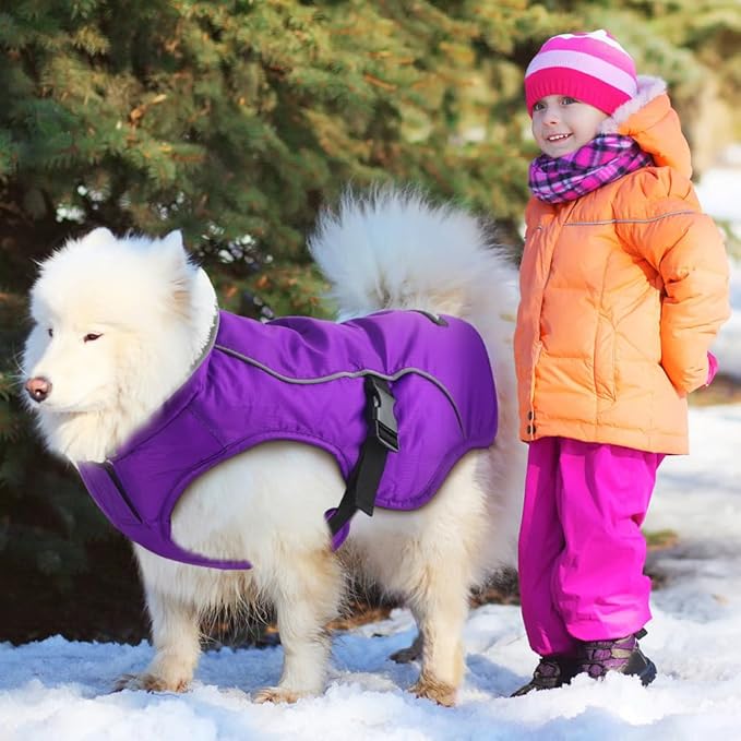 EMUST Dog Coat for Winter, Cozy Winter Jackets for Small/Medium/Large Dogs, Solid Color Dog Apparel for Cold Weather with Fleece Lining, Purple, XXXL