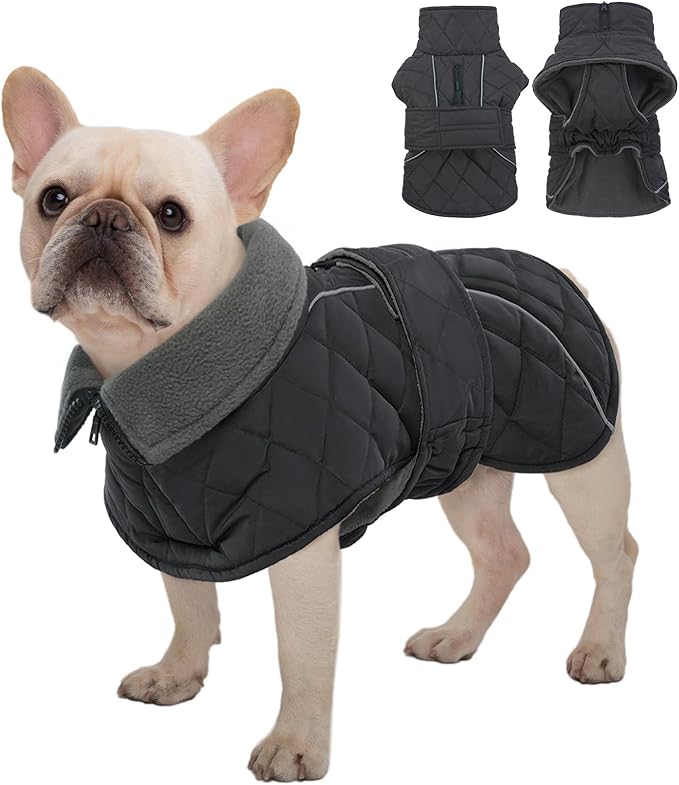 Kuoser Extra Warm Dog Jacket, Windproof Cold Weather Coats for Small Dogs, Fleece Lined Turtleneck Dog Snowsuit, Reflective Adjustable Pet Winter Coat, Dark Grey S