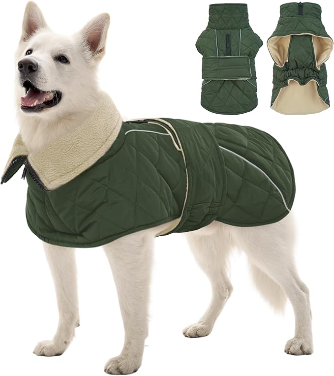 Kuoser Super-Warm Dog Coat, Windproof Cold Weather Coats for Extra Large Dogs, Fleece Lining Turtleneck Dog Snow Jacket with Reflective Strips Thermal Pet Winter Clothes, Green 2XL