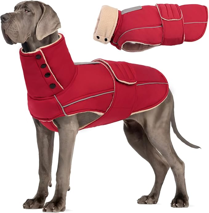 ASENKU Warm Dog Coat, Waterproof Dog Jackets for Large Dogs with Reflective Fleece Vest Turtleneck with Button,Windproof Cold Weather Coats for Small Medium Large Dogs, Dark Red, 3XL