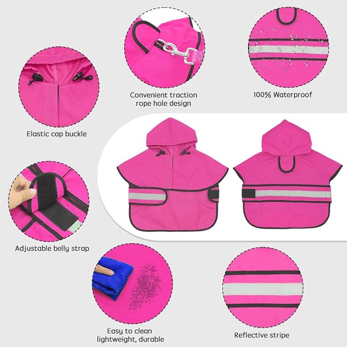 Candofly Reflective Dog Raincoat - Waterproof Dog Rain Jacket with Leash Hole, Hooded Ponch Rain Coat for Dogs (Pink, Large)