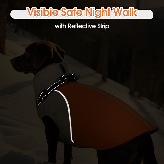 DENTRUN Dog Coat with Harness Built in, Adjustable Winter Dog Coat with Reflective Strips, Fleece Lined No Sleeves Jacket for Chihuahua, Orange, S