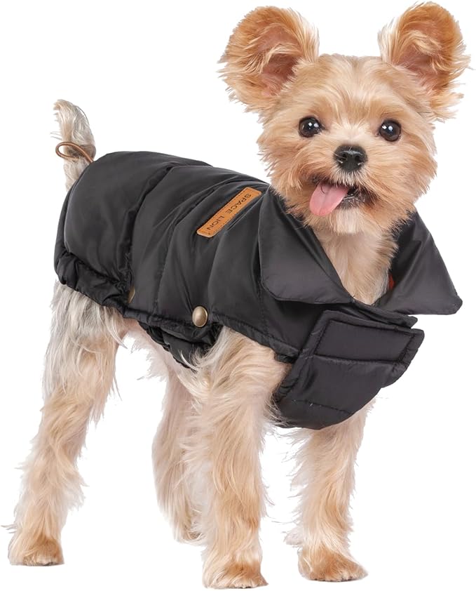 SPACE LION Dog Puffer Jacket, Down Winter Coat, Durable Outdoor Coat for Cold and Windy Conditions, Waterproof, Lightweight Jacket, Adjustable Fit for Small, Medium, Large Dogs(Black,8/XS)