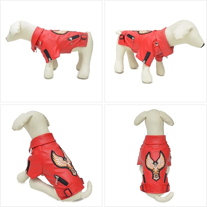 Lovelonglong Cool Dog Leather Jacket, Warm Coats Dogs Windproof Cold Weather Coats for Large Medium Small Dogs with Eagle Embroidery Red L