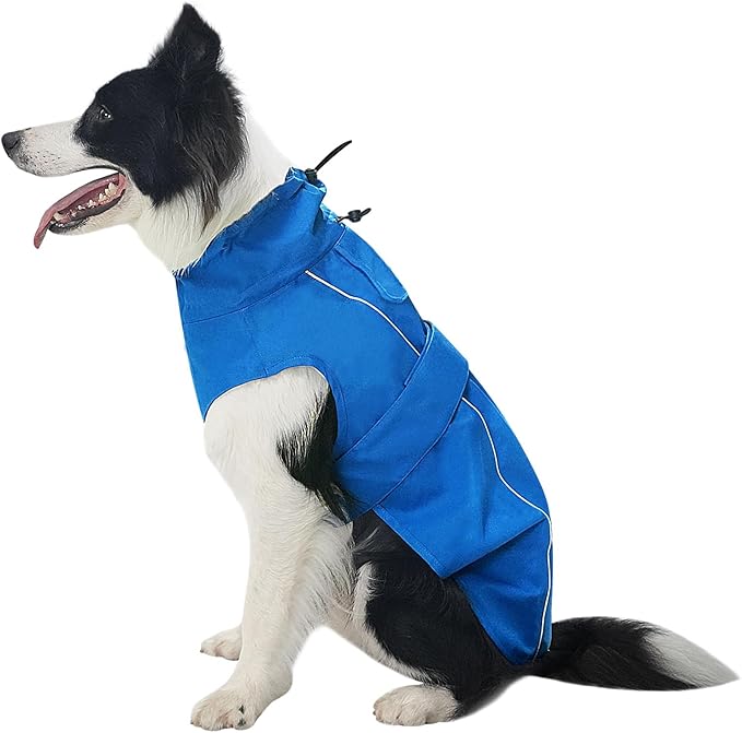 Waterproof Dog Raincoat, Adjustable Lightweight Dog Rain Jacket with Reflective Strip Leash Hole for Small Medium Large Dogs (Blue, Large(22-37lb))