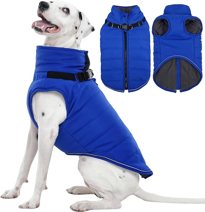Kuoser Large Dog Winter Jacket Waterproof L with Harness | ·-30°C Rated·Storm Hood·Built-in Leash·Husky Fit·Extreme Weather Protection, Blue L