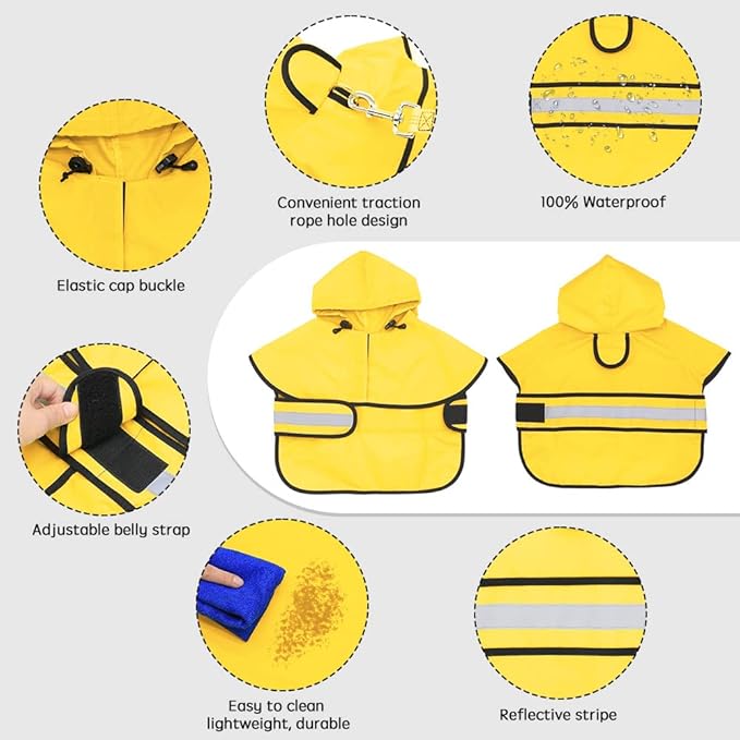 Candofly Dog Raincoat Hooded Poncho - Adjustable Waterproof Dog Rain Jacket Lightweight Reflective Dog Rain Coat Pet Slicker for Small Medium Large Dogs (Large, Yellow)